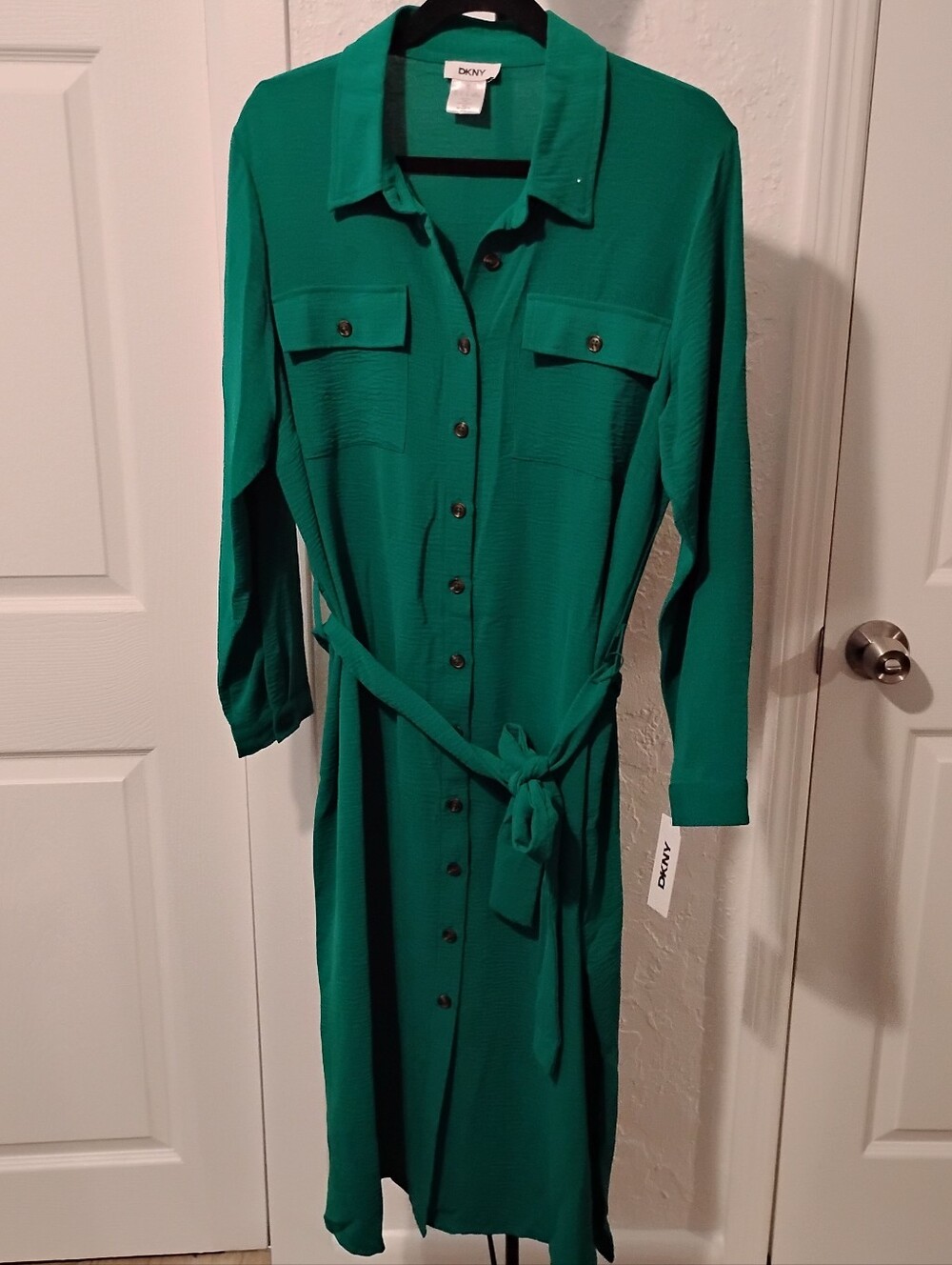 DKNY Midi Green Women’s Long Sleeve Drop Waist Belted Dress Size 14 MSRP $129 - Picture 2 of 9